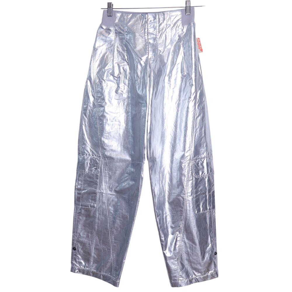 FP MOVEMENT Mesmerize Me Shine Pants NWT Silver Cargo Pull On Women's XS